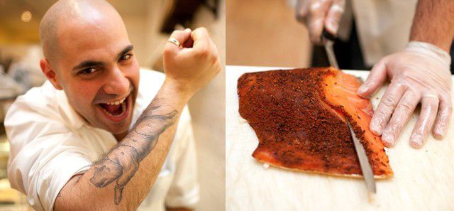 Peter Shelsky; Shelsky slicing pastrami salmon